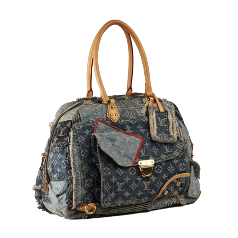 Authentic Louis Vuitton Blue Denim Patchwork Bowly Bag