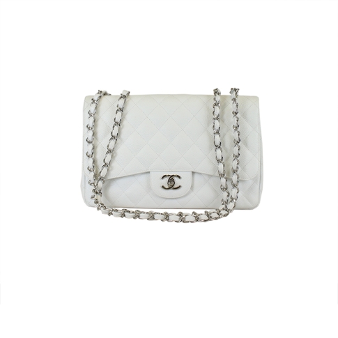 Chanel Classic White Caviar Jumbo Single Flap Bag SHW
