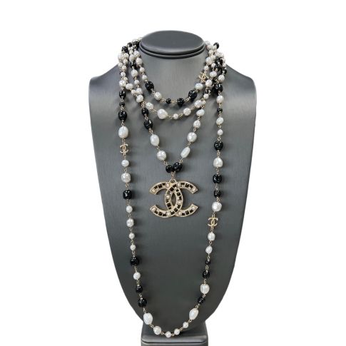 Chanel Multi Strand CC Necklace Crystal Embellished Metal with Faux Pearls