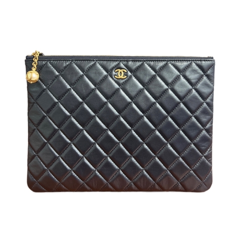 Chanel Navy Lambskin Medium Quilted O-Case