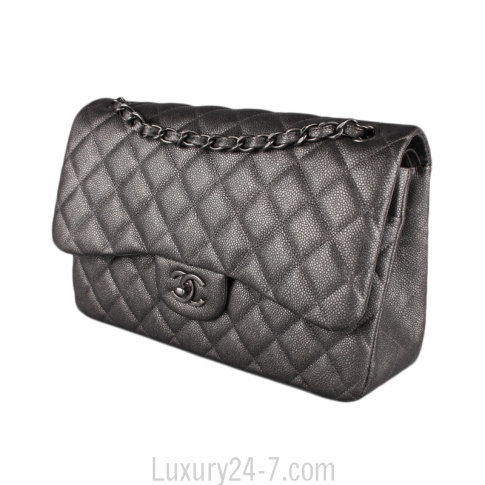 Chanel Metallic Grey Caviar Classic Jumbo Double Flap Bag