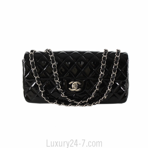 Chanel Black Patent Quilted East West Flap Bag