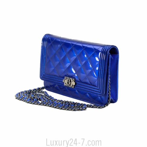 Chanel Metallic Blue Boy Wallet On Chain WOC Bag