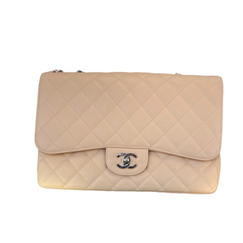 Chanel Vintage Beige Quilted Caviar Jumbo Double Flap Bag Silver