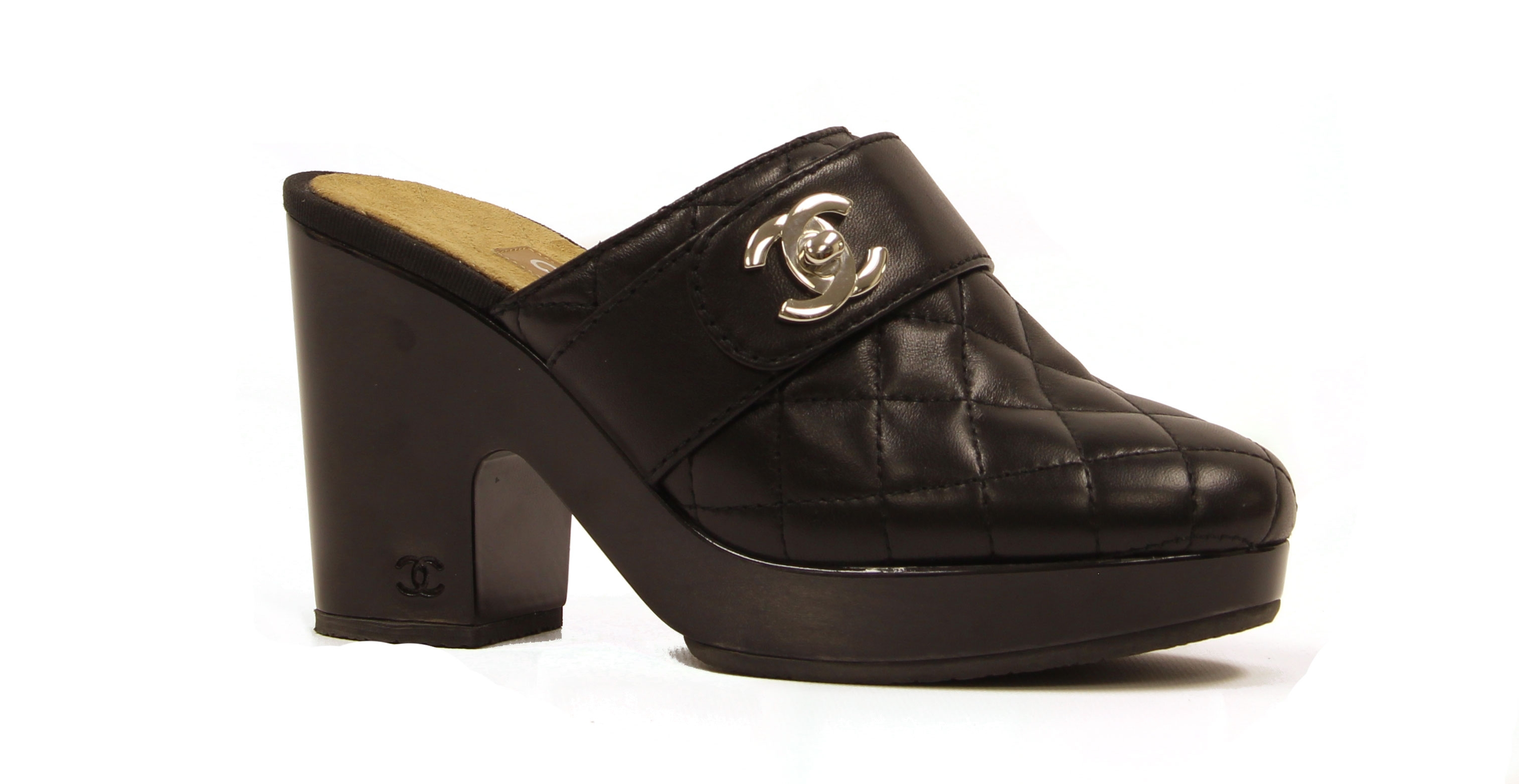 Chanel Black Leather Quilted Clogs w. CC Twist Lock at the best price