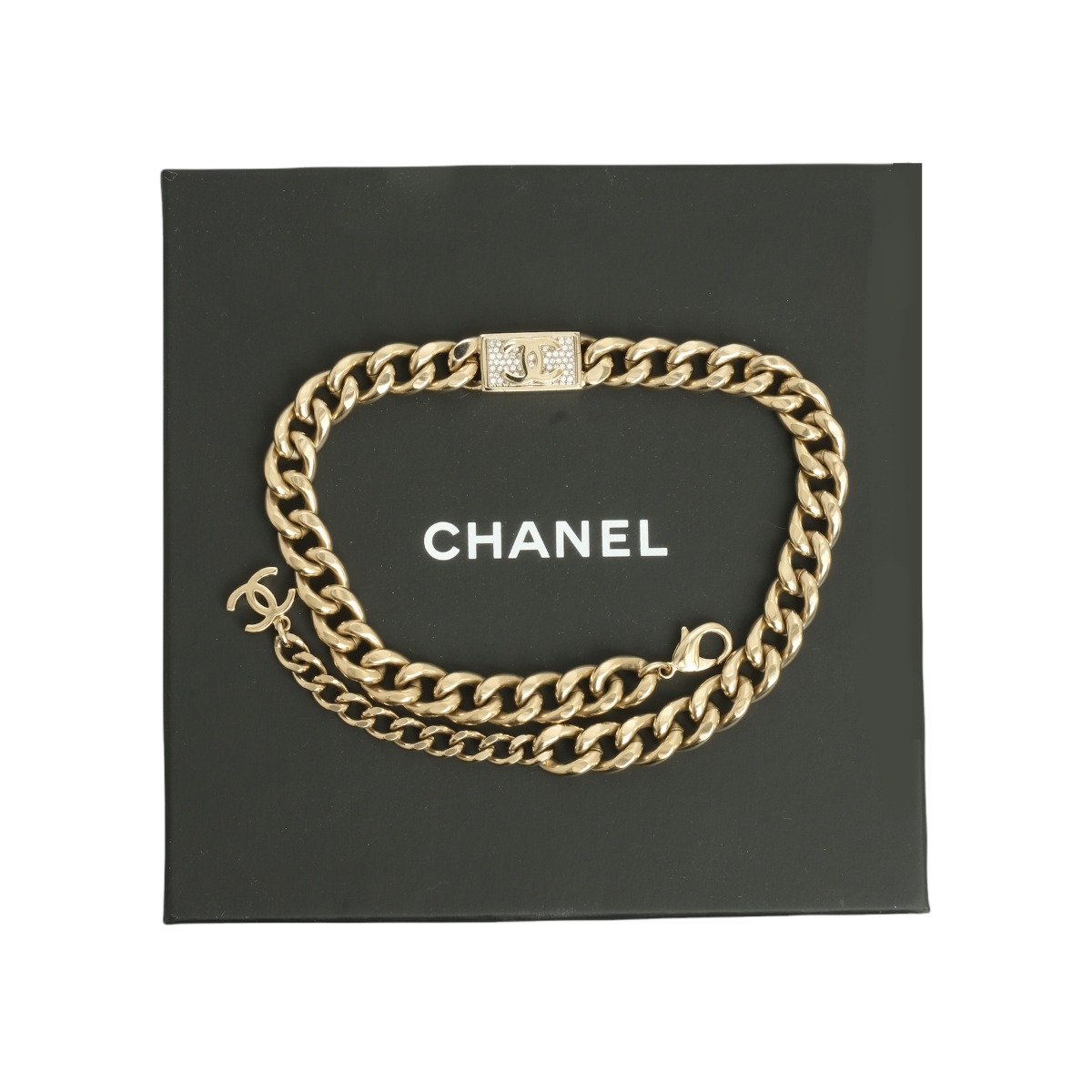 CHANEL CC Cushion Gold Metal Charm Chain Link Necklace For Sale at 1stDibs