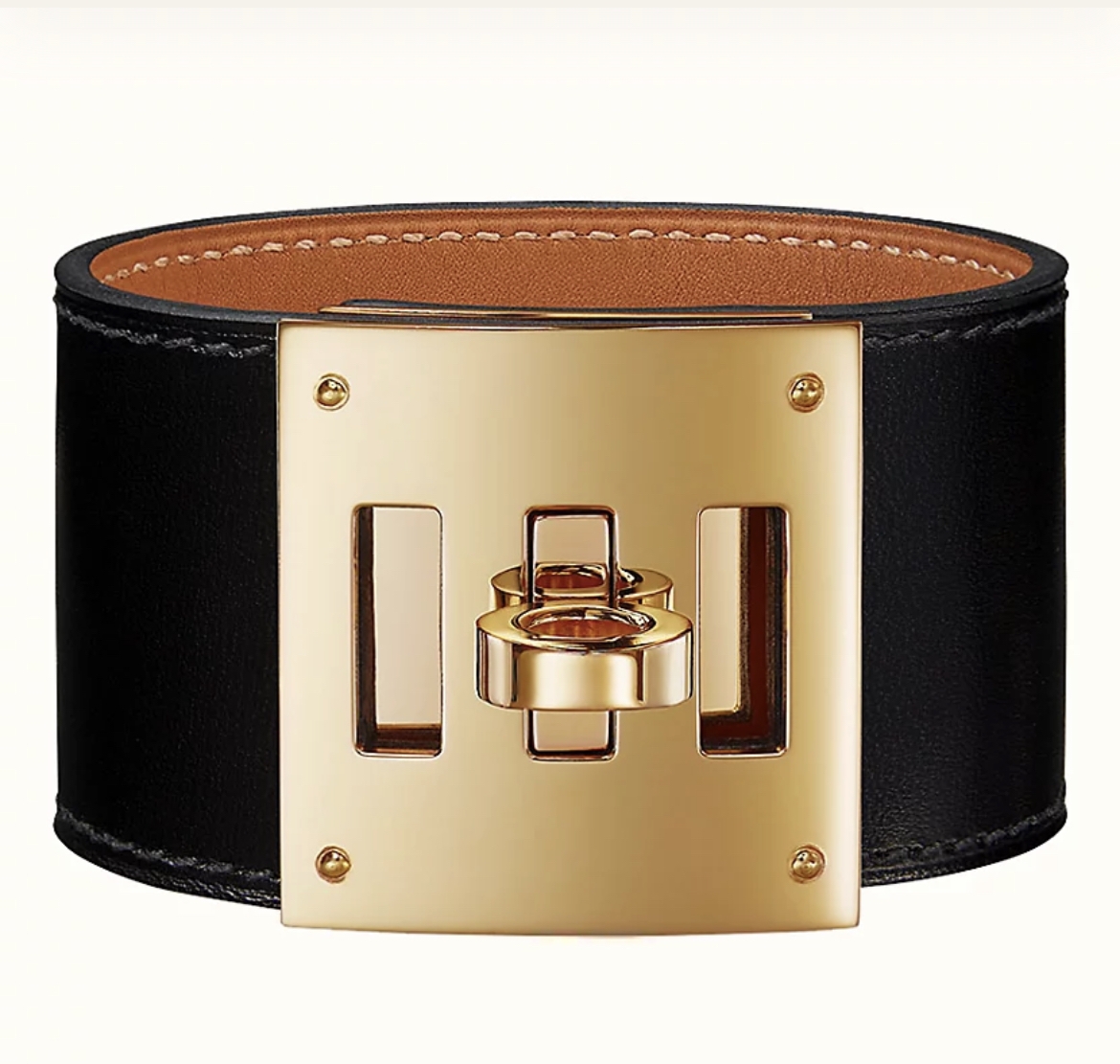 Hermes Black Swift Leather Gold Plated Kelly Dog Bracelet
