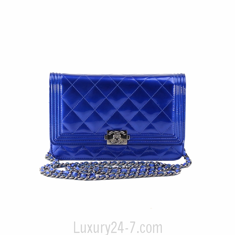 Chanel Metallic Blue Boy Wallet On Chain WOC Bag at the best price