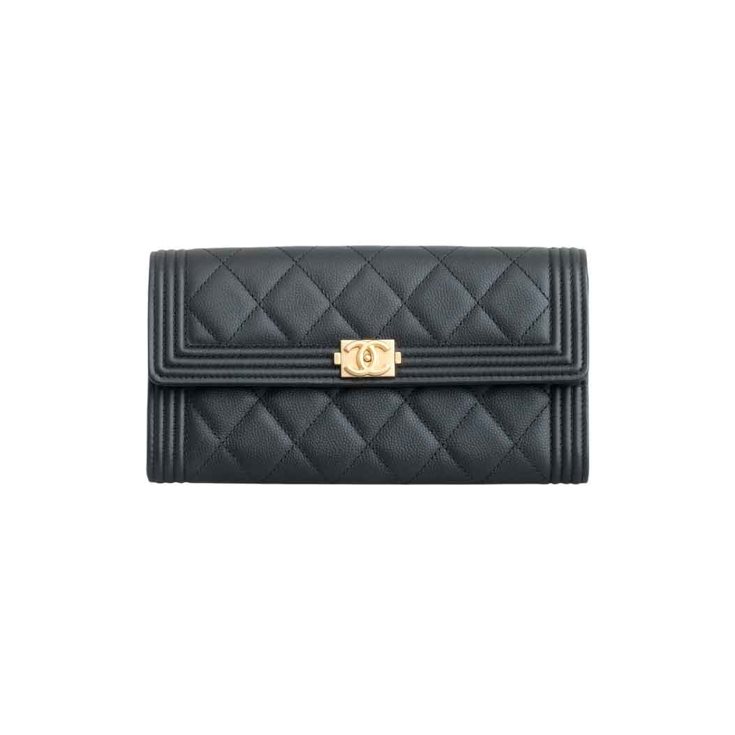 Chanel Quilted Boy Flap Long Wallet Black Lambskin Ruthentium