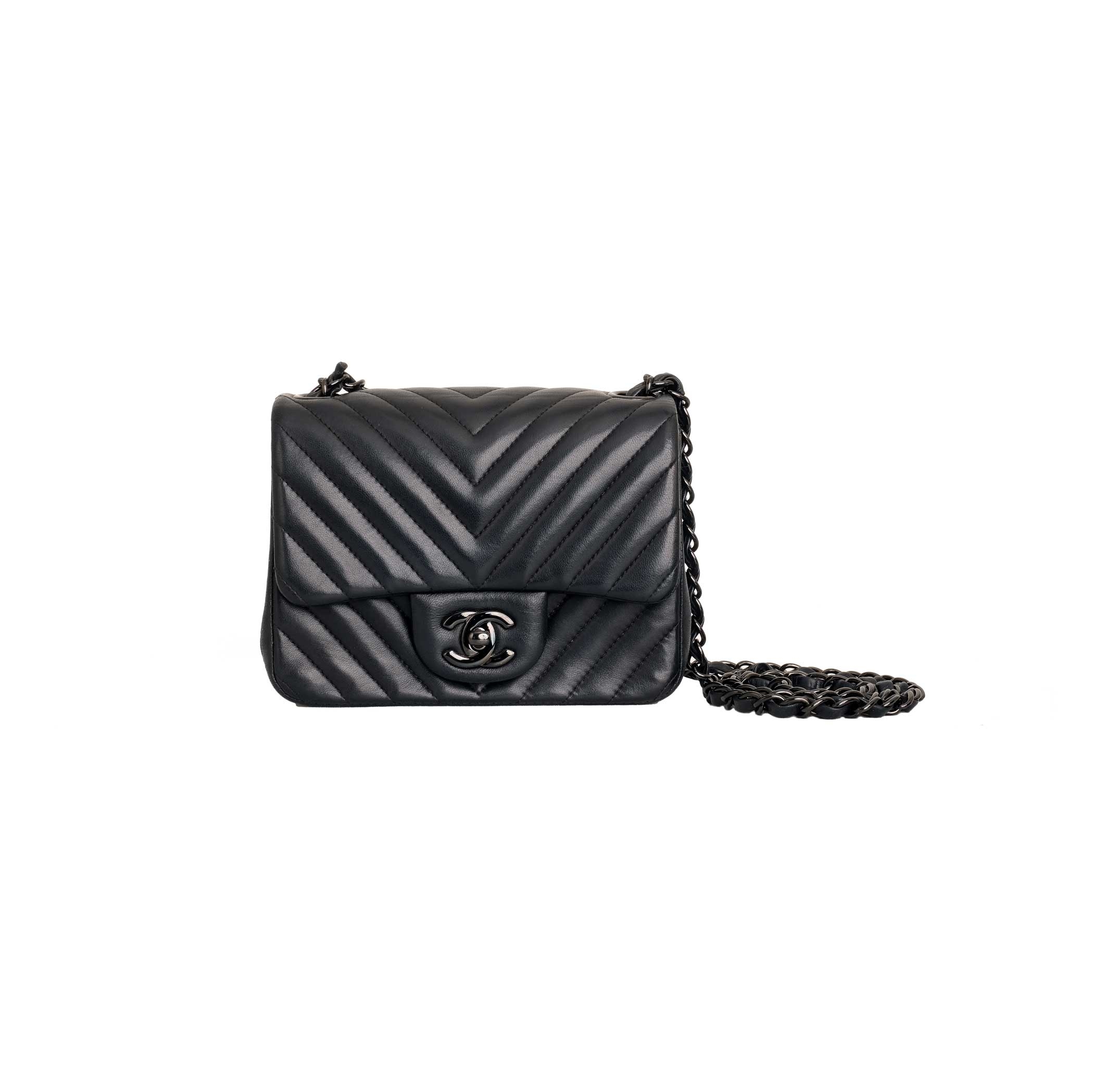 15S Chanel So Black Lambskin Chevron Rectangular Mini Flap Bag