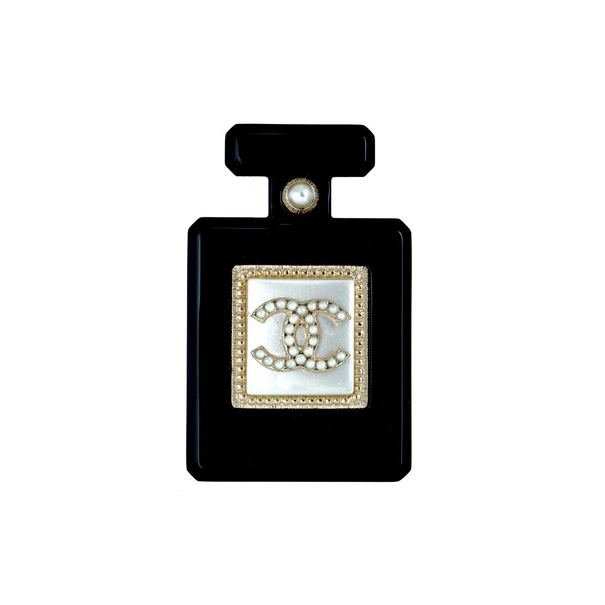 Chanel Noir Pearl CC Resin Perfume Bottle Brooch