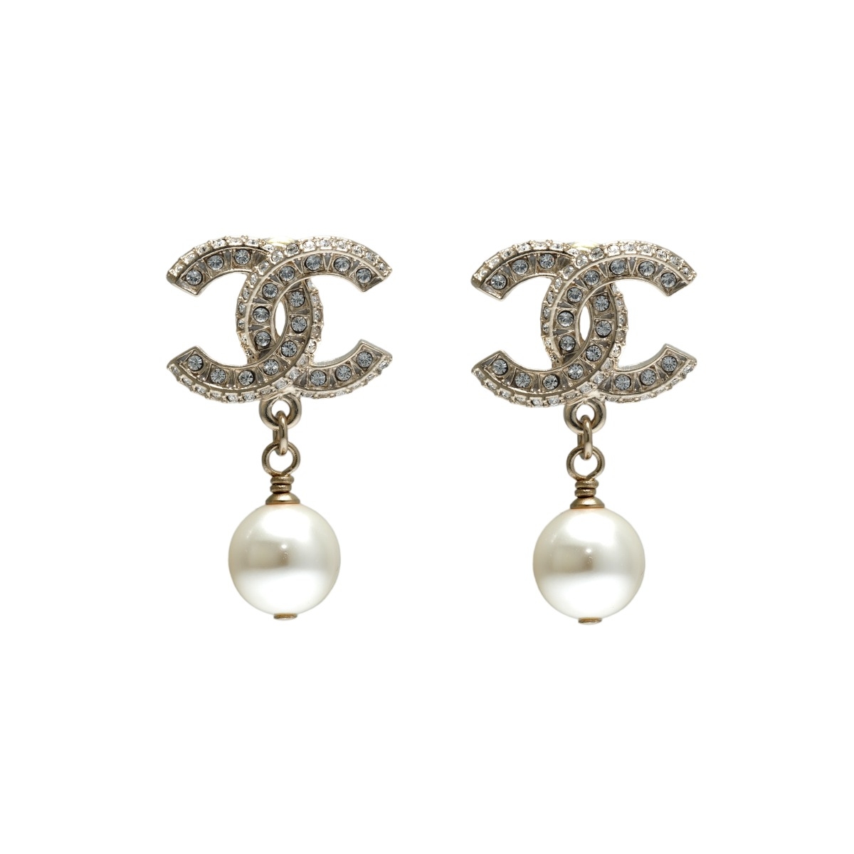 Chanel Pearl Crystal CC Drop Earrings Gold & Silver Tone 20P