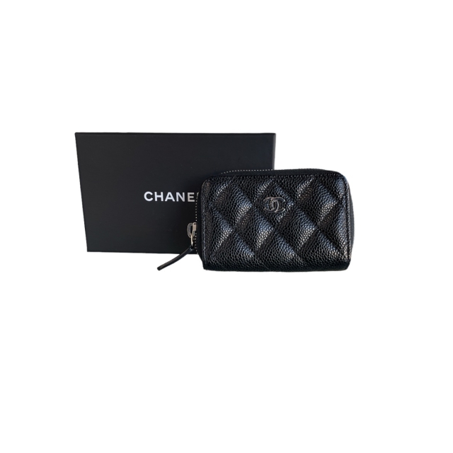Chanel Black Caviar Zipper Card Case With Silver Hardware