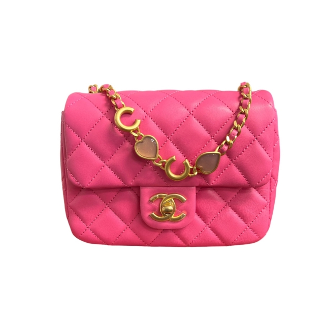Chanel 2022 Pink Lambskin Coco De Toi Heart Chain Square Flap Bag