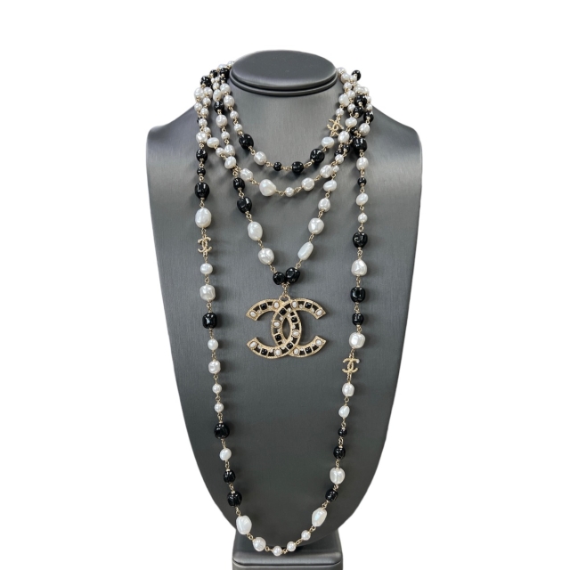 Chanel Multi Strand CC Necklace Crystal Embellished Metal with Faux Pearls 