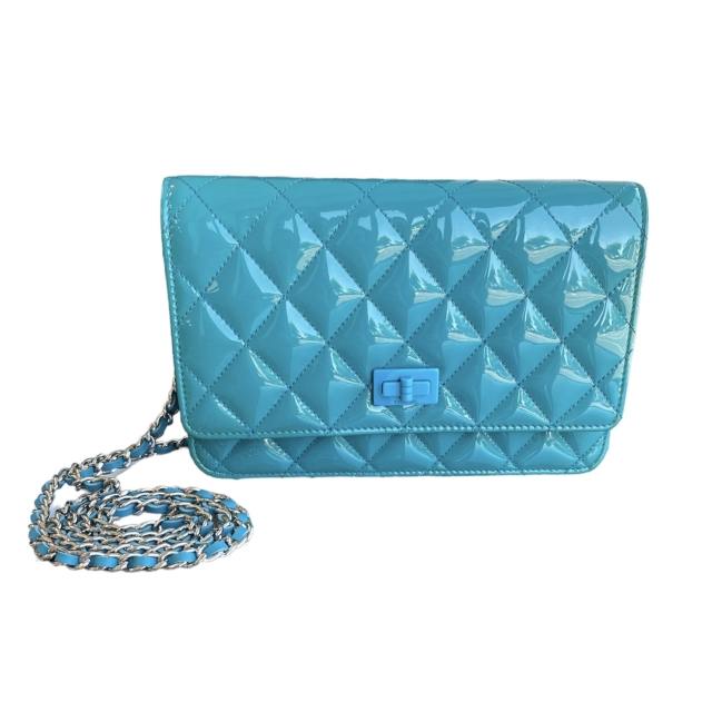 Chanel Turquoise Patent Leather Reissue Wallet On Chain 