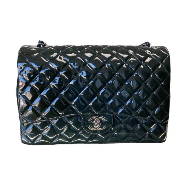 Chanel Dark Green Patent Leather Maxi Double Flap Bag