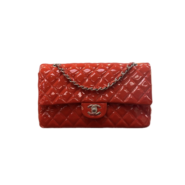 Chanel Red Patent Calfskin Quilted Medium Double Flap 