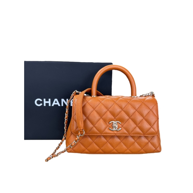 Chanel Toffee Quilted Caviar Small Top Handle Flap Bag