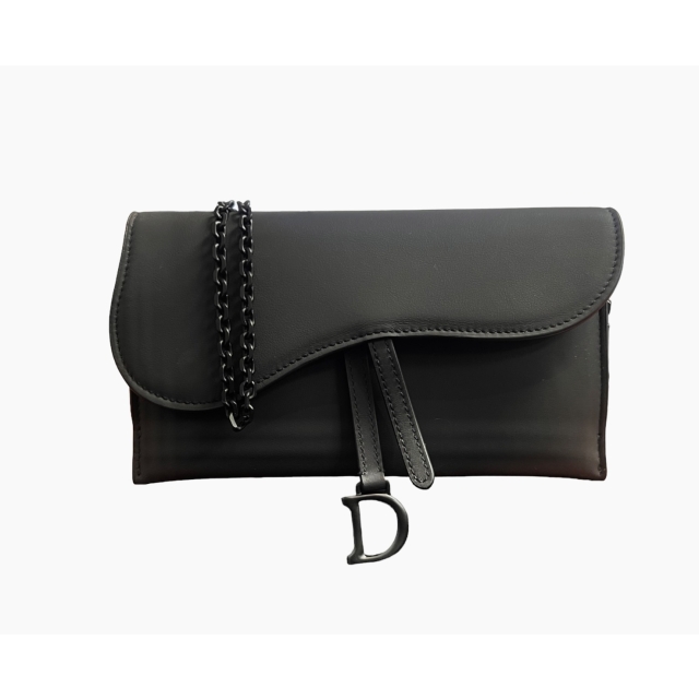 Dior Black Ultramatte Calfskin Long Saddle Wallet on Chain
