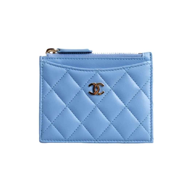 Chanel Light Blue Caviar Quilted CC Zip Card Holder 