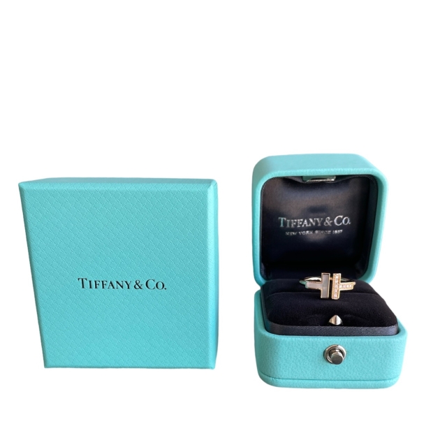 Tiffany & Co Rose Gold Diamond and Mother of Pearl T Ring sz 4.5