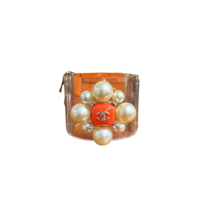 Chanel Clear Lucite and Pearls CC Wide Cuff Bracelet