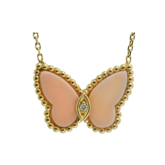 Van Cleef & Arpels Vintage 18K Gold Diamond and Coral Butterfly Pendant Necklace