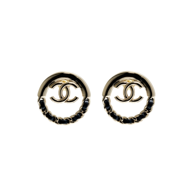 Chanel 22P Gold Round Black Lambskin Earrings 