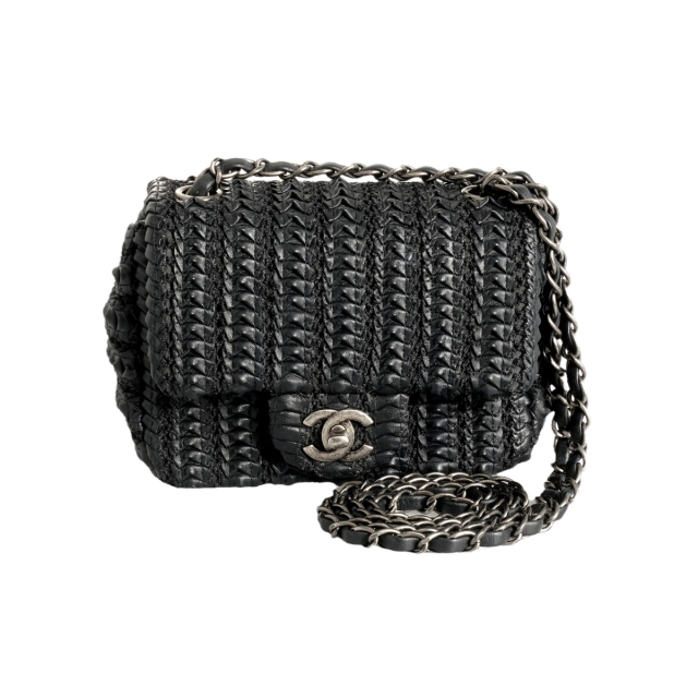 Chanel Black Single Flap Bag Crochet Raffia