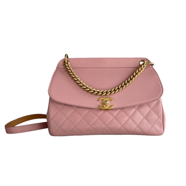 Chanel Pink Lambskin Quilted Curved Flap Bag