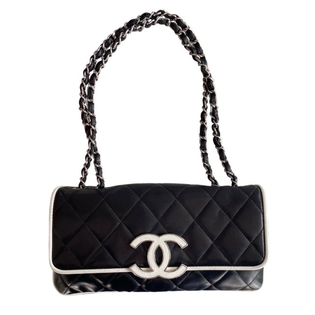 Chanel White & Black Lambskin  Leather Devine Shoulder Bag