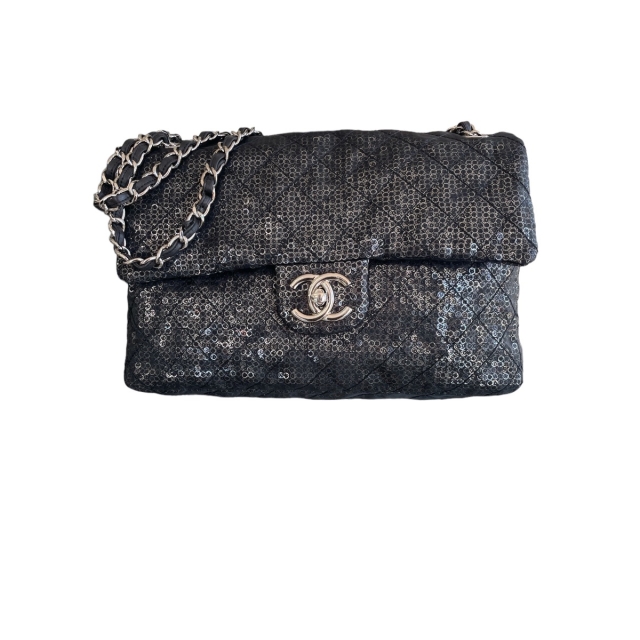Chanel Black Sequins Jumbo Classic Single Flap Bag