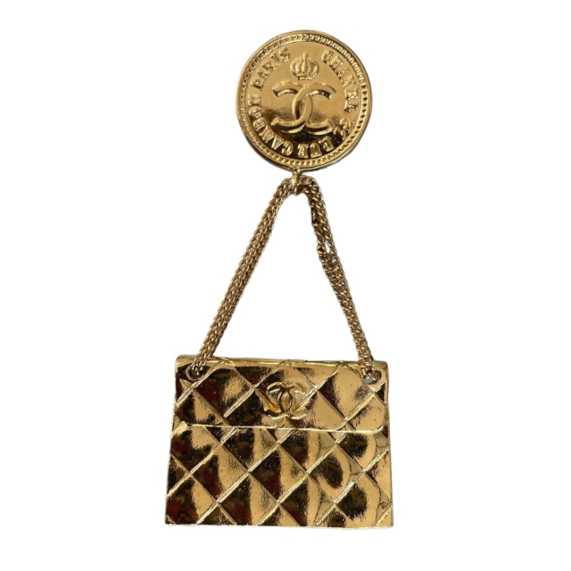 Chanel Vintage Gold Quilted Purse Brooch