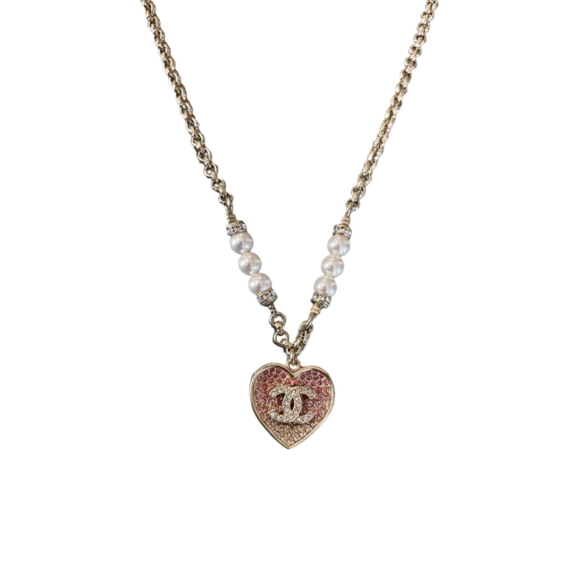 Chanel Pink Crystal & Pearl Reversable Heart Necklace