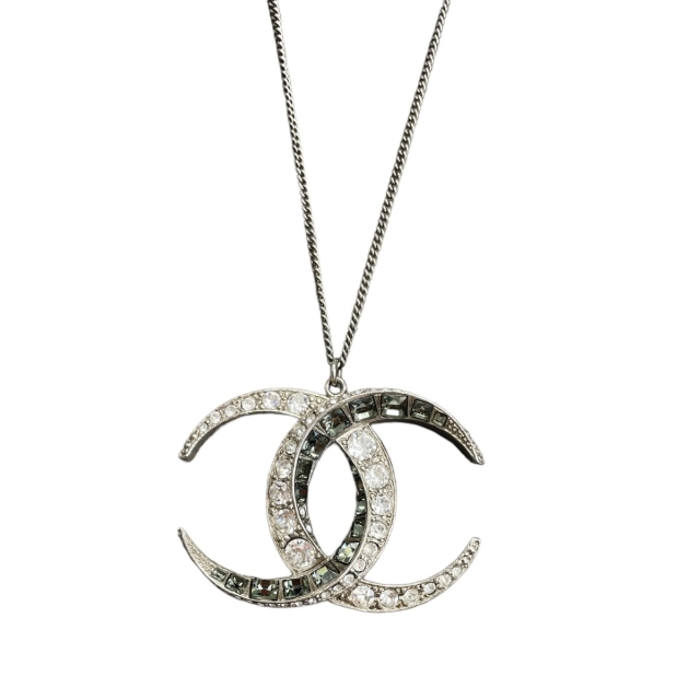 Chanel Baguette Crystal CC Silver Moon Necklace