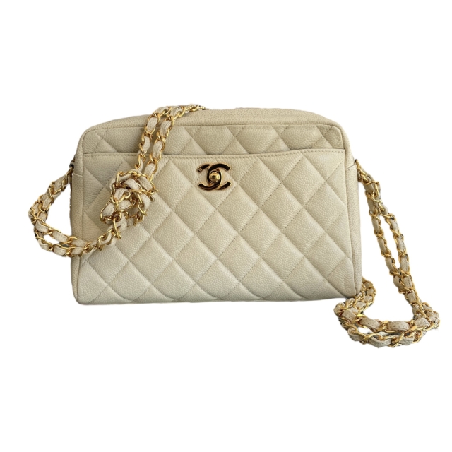 Vintage Chanel Caviar Beige Clair Quilted Camera Case Bag 