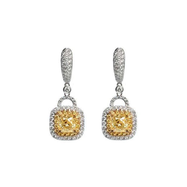 2.26ct GIA Square Modified Brilliant Fancy Yellow Earring Drops