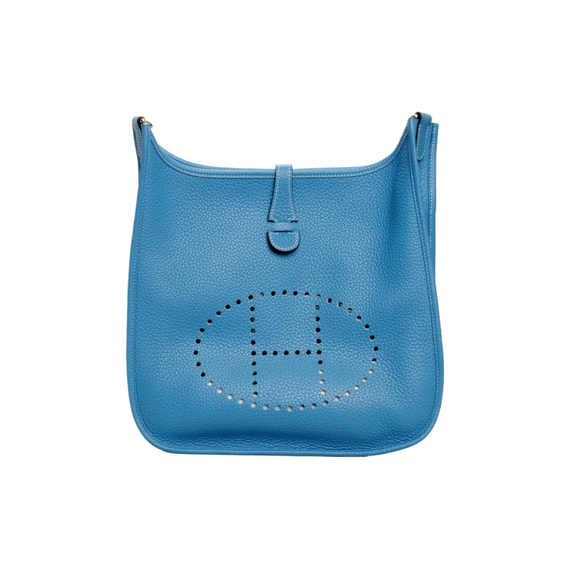Authentic! Hermes Evelyne Blue Jean Clemence Leather Pm Handbag